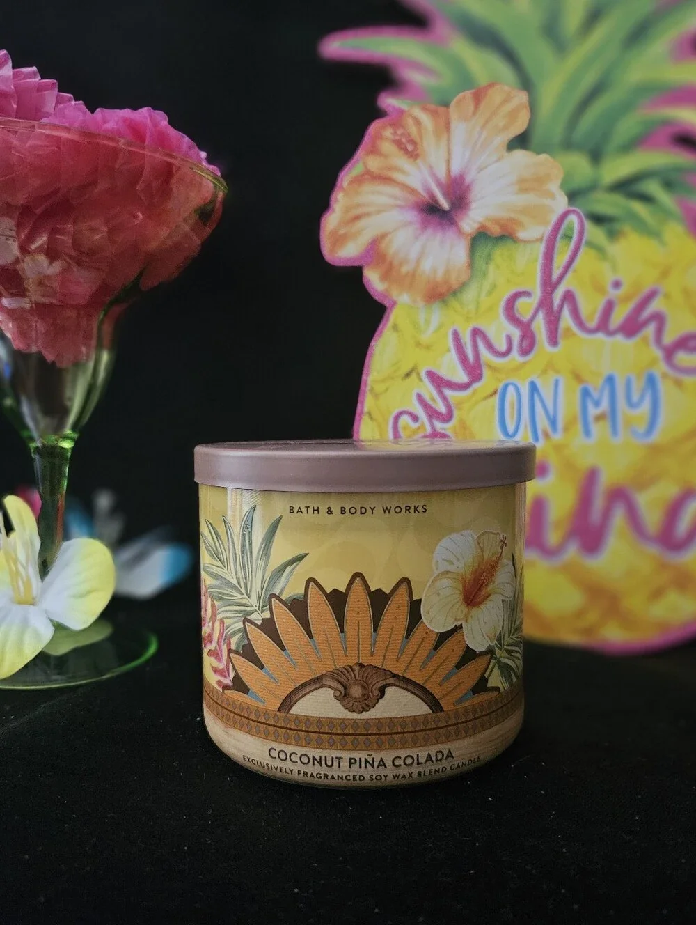 NWT Bath & Body Works Coconut Piña Colada 3-Wick Candle - Yellow & Tan